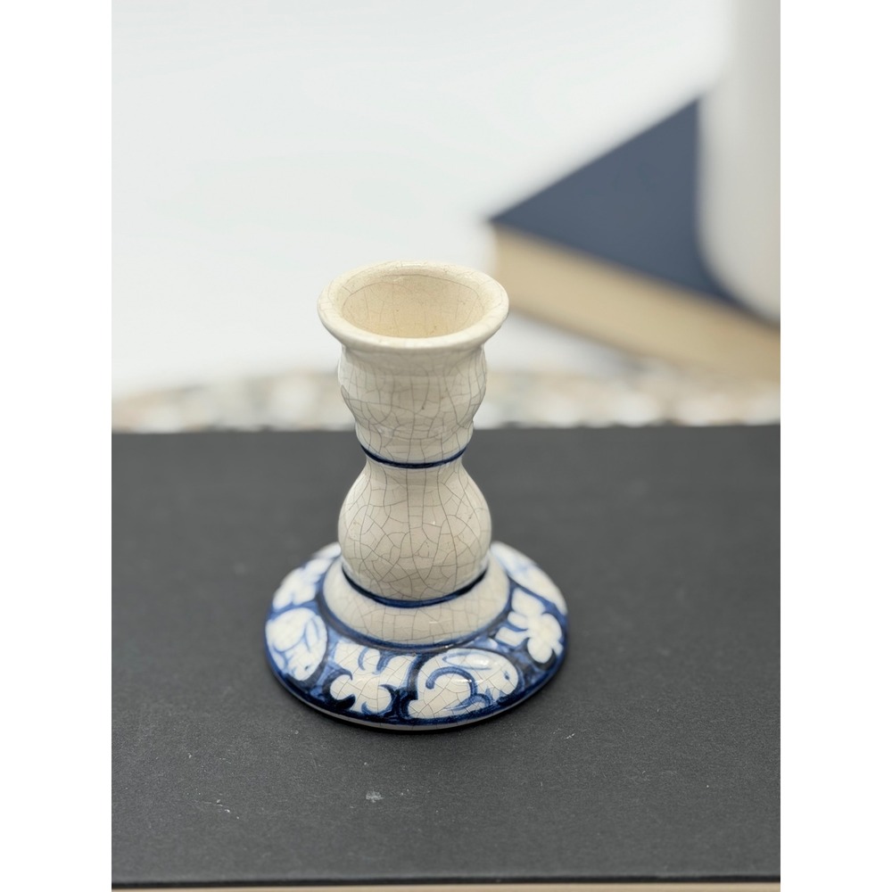 Potting Shed Dedham Style Hand Painted Blue White Crackle Rabbit Candle Holder